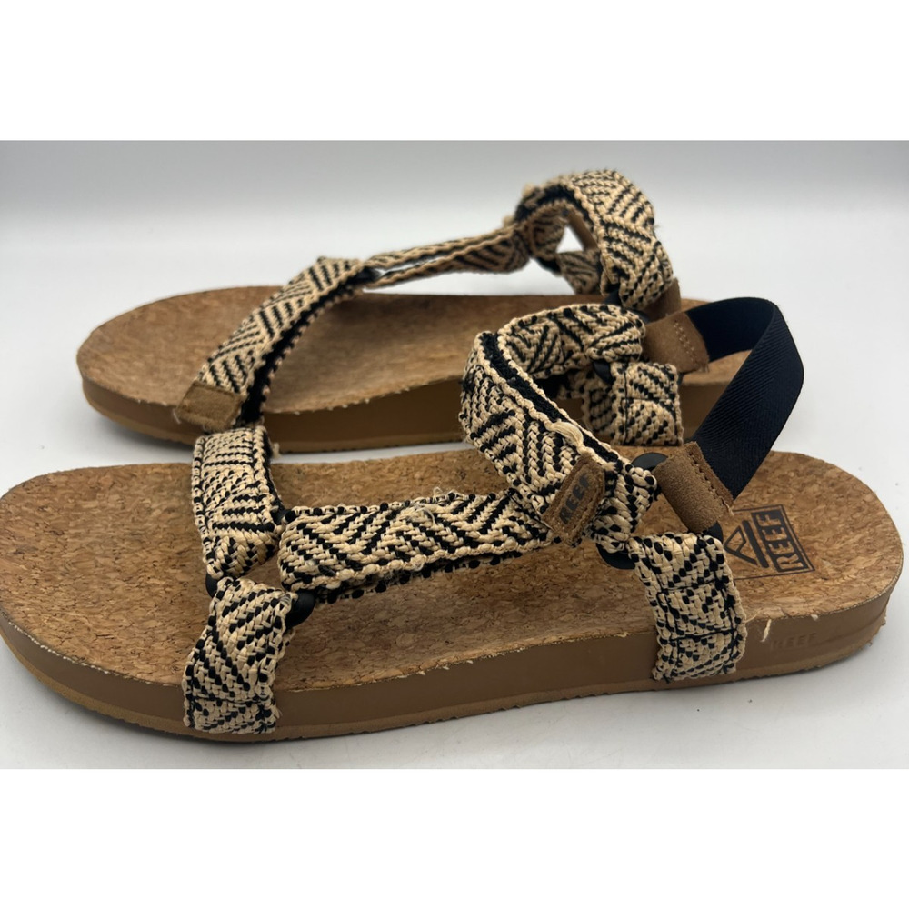 Reef Womens Size 10 Strappy Sandals Black Tan Woven Cork Footbed Adjustable - Picture 2 of 8